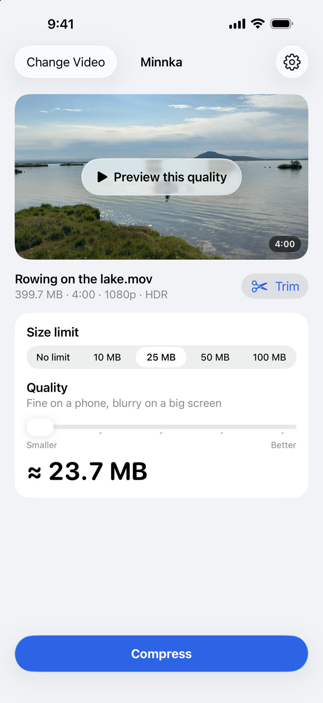 Minnka on iPhone with a 4-minute video of 399.7 MB. The size limit is 25 MB and the estimate is about 23.7 MB.