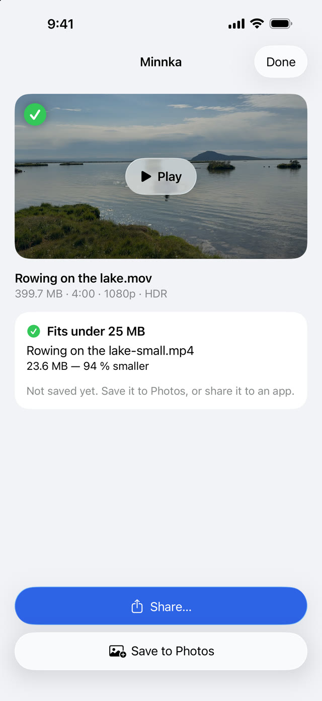 Fits under 25 MB: Rowing on the lake-small.mp4, 23.6 MB, 94 % smaller
